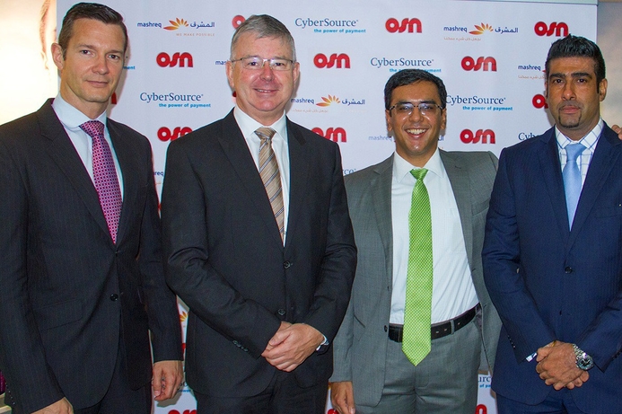 : Olivier Sage, CFO, and David Butorac CEO from OSN, with Gups Jutla, Head of Business Development, MENA, CyberSource, and Nimish Dwivedi, Head of Payments of Mashreq. OSN enhances subscriber security with CyberSource