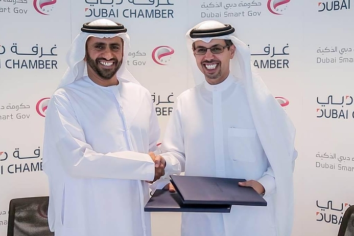(l-r) H.E. Ahmad Bin Humaidan, Director-General of DSG and H.E. Hamad Buamim, Director-General of Dubai Chamber. DSG signs support agreement with Dubai Chamber