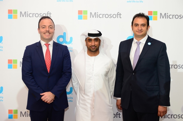 Ihsan Anabtawi, Fahad al Hassawi and Hany Fahmy Aly. Microsoft and du join forces to provide SMBs in UAE with new Office 365