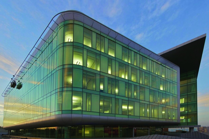 The UAE TRA's Dubai headquarters building uses stored solar power to light the building facade at night. UAE TRA HQ certified LEED Gold standard