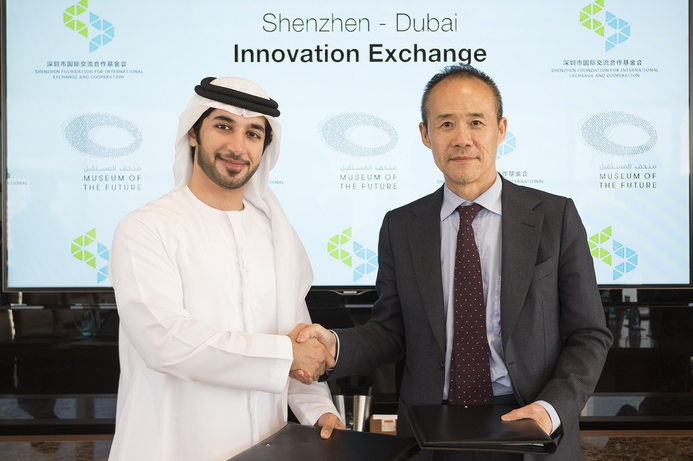 Saif Al Aleeli and Wang Shi during the signing ceremony. Dubai and Shenzhen sign agreement on innovation
