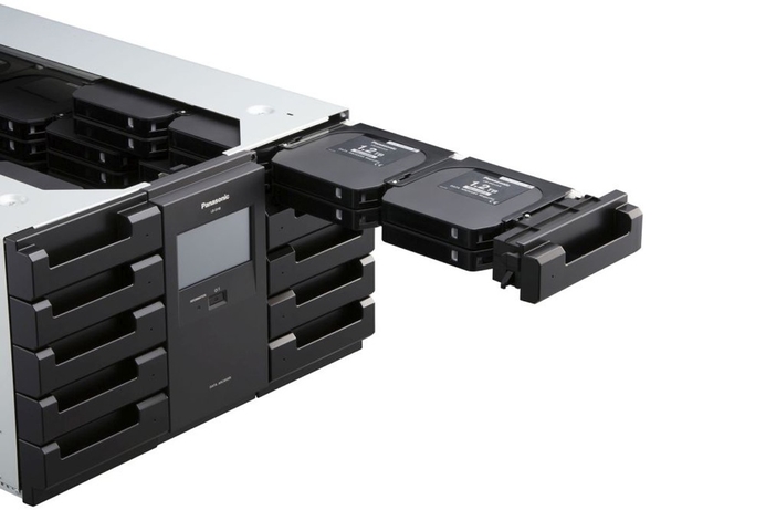 The LB-DH8 Series optical disc library system combines sets of Data Archiver Magazines, with 12 Blu-ray Disc media in each one. Panasonic showcases new data archiving solution