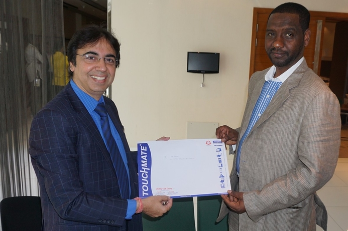 Touchmate founder and CEO Vasant Menghani (left),poses with Hassan Ismail, GM, Al Harib Modern Technologies after signing the distribution deal. Touchmate appoints distributor for Qatar
