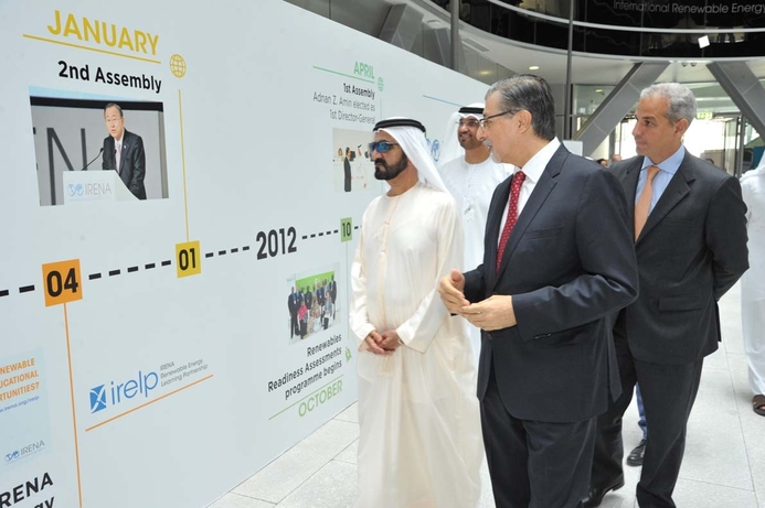 HH Mohammed bin Rashid Al Maktoum, Vice President and Prime Minister of the UAE and Ruler of Dubai, HE Dr Sultan Al Jaber, UAE Minister of State and Chairman of Masdar, Adnan Z. Amin, Director-General of IRENA, and Mohamed ElFarnawany, IRENA Director of Strategic Management and Executive Direction. IRENA welcomes HH Sheikh Mohammed Bin Rashid Al Maktoum to HQ
