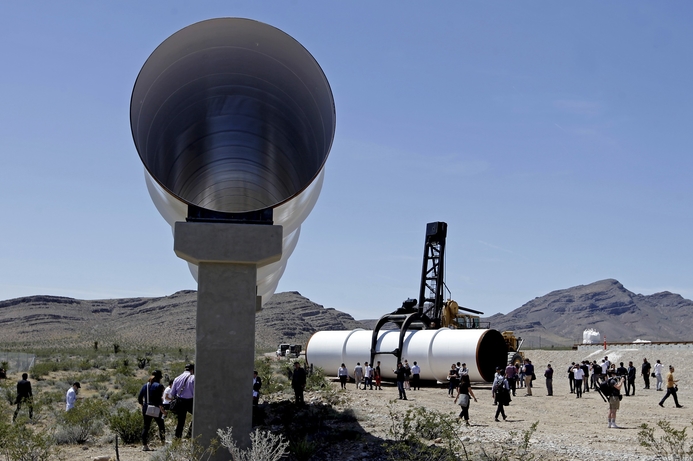 A series of tubes: Hyperloop solutions, such as Hyperloop One, pictured undergoing testing in the US, propose transporting goods and people using containers driven by air pressure along sealed tubes. Dubai Future Foundation to host Hyperloop competition