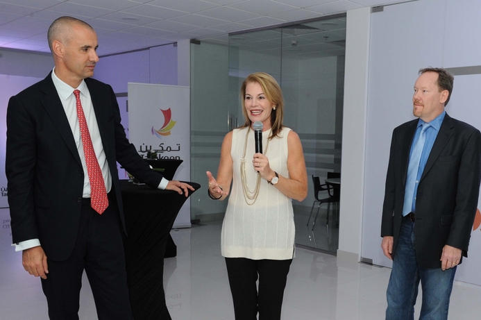 Cloud 10 Launch - from left to right: Andre Pienaar Chairman of C5; Teresa Carlson, Vice President, Worldwide Public Sector of Amazon Web Services (speaking); Max Peterson GM EMEA, LATAM, Worldwide Public Sector at Amazon Web Services. C5 launches startup accelerator for MENA