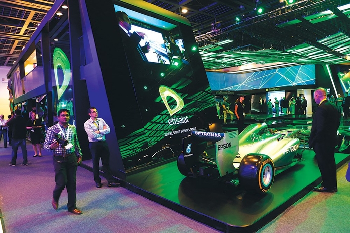 Robotics and augmented reality solutions at the Etisalat stand. Futuristic displays by Etisalat at GITEX 2016