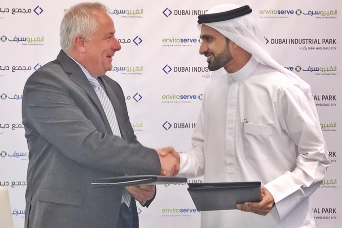 (l-r) Stuart Fleming, Group CEO of Enviroserve UAE, and Abdulla Belhoul, Chief Executive Officer of Dubai Wholesale City, at the deal signing. Enviroserve UAE to build region's largest e-waste plant