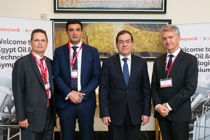 (From left) Norm Gilsdorf, President of Honeywell, Middle East, Russia, Turkey & Central Asia; Khaled Hashem, President, Honeywell Egypt; H.E. Tarek El Molla, Minister of Petroleum and Mineral Resources; and Evangelos Alepochoritis, Sales Director for Europe, Middle East and Africa at Honeywell Process Solutions. Honeywell: IoT critical for Egypt's oil & gas sector