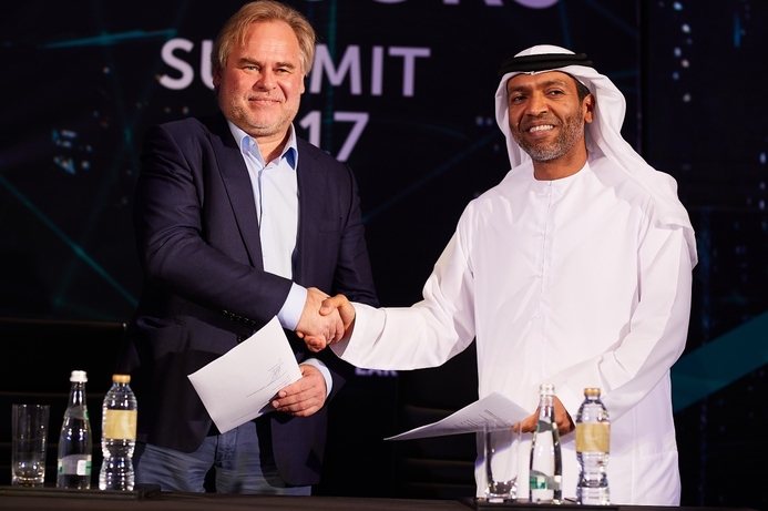 Eugene Kaspersky, chairman and CEO of Kaspersky Lab (left), and Khaled Al Melhi, CEO of Injazat shake hands after signing the MoU. Kaspersky Lab, Injazat sign MoU