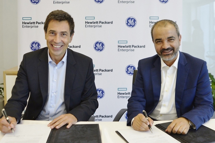 (L-R): Johannes Koch, managing director, Middle East and Africa for HPE with Ali Saleh, SVP and CCO for GE Digital MEA at the signing of the strategic partnership. GE brings on HPE to deliver digital solutions across META