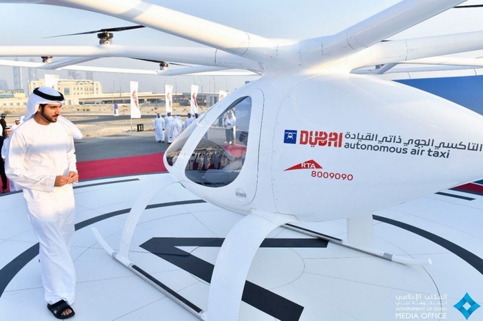 Dubai Crown Prince Sheikh Hamdan pictured inspecting the RTA's new autonomous flying taxi. Sheikh Hamdan hails Dubai's flying taxi after test flight