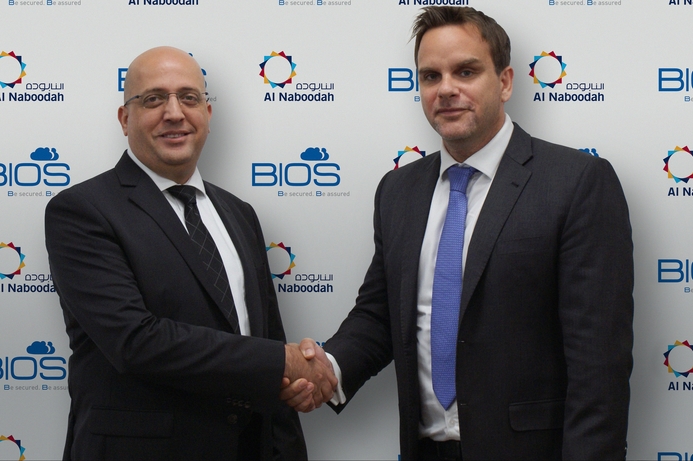 Mario Foster, Group CIO, Al Naboodah Group Enterprises (left) shakes hands with BIOS MD, Dominic Docherty after signing the deal. Al Naboodah Group Enterprises appoints BIOS for DR implementation