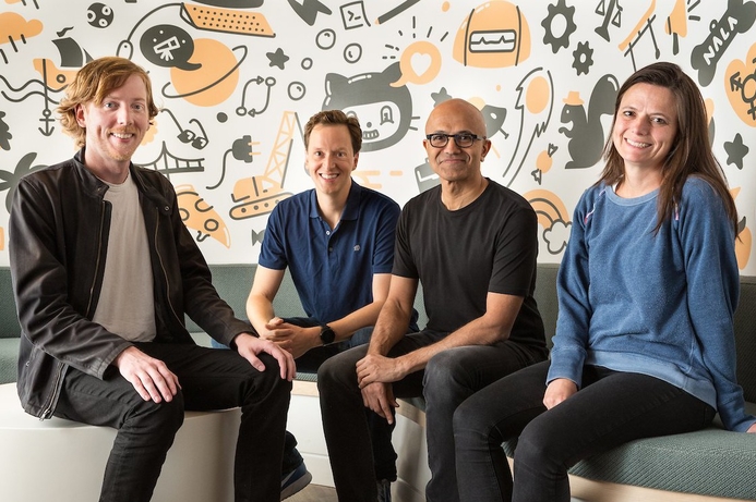 Chris Wanstrath (left), Github CEO and co-founder; Nat Friedman, Microsoft corporate vice president, Developer Services; Satya Nadella, Microsoft CEO; and Amy Hood, Microsoft Chief Financial Officer. Microsoft buys code repository Github for $7.5bn
