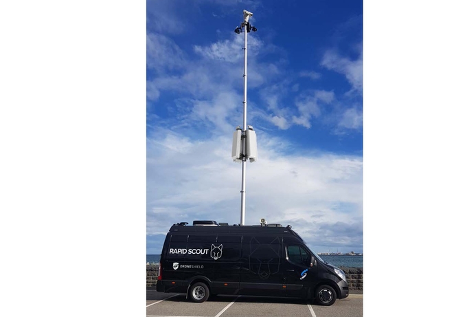 The Rapid Scout system uses DroneShield drone detection and jamming systems mounted on a mast deployed from ISI's Rapid Scout HQ vehicle. War on drones goes mobile with Rapid Scout
