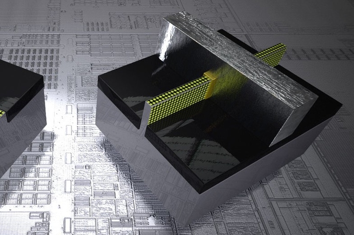 Illustration of the 22nm 3-D Tri-Gate transistor with current flowing on 3 sides of a vertical fin. Intel to ship 3D processors by year end