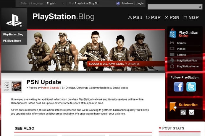 The latest post o the official PlayStation blog says the company hopes the network will be up in the next few days, but gives no confirmed date for restoration. No sign of PlayStation, Qriocity restoration