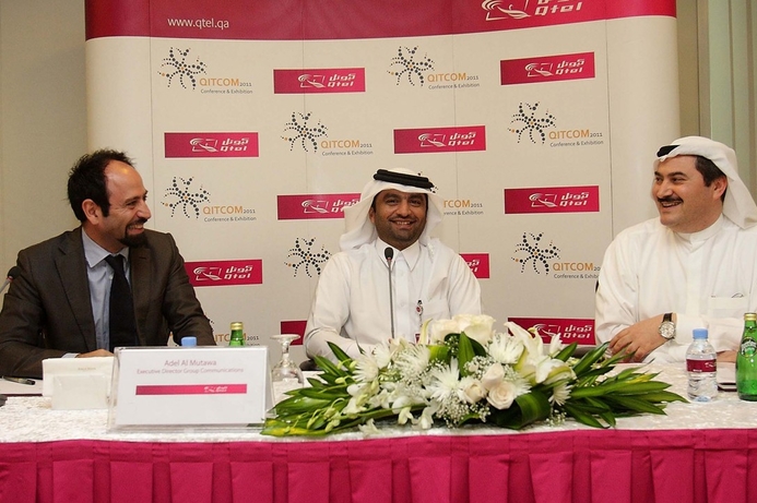 Adel Al Mutawa, executive director, Group Communications, Qtel (Centre), with Marwan Mahmoud, executive director, ICT Industry Development, ictQATAR (Right), with George Ayache, general manager, IFP Qatar (Left). Qtel sponsors ictQATAR’s Innovation Theatre