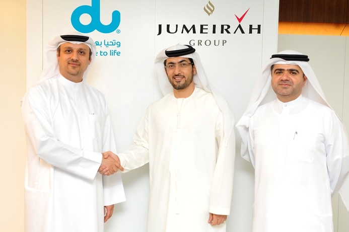 (l-r) Farid Faraidooni, chief commercial officer, du; Saeed Al Dashti, chief information officer, Jumeirah Group, and Marwan Al Ali, senior vice president, Operations Middle East, Jumeirah Group. Du to provide telepresence for Jumeirah hotels