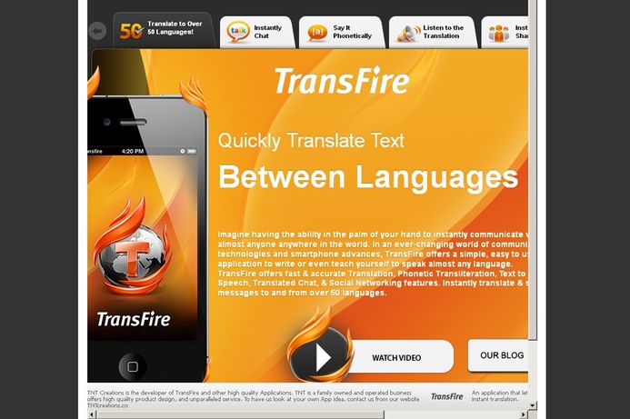 iPhone application developer, TNT Creations has developed an app that can translate instant messages into 52 different languages. Transfire is free to download from the iTunes store. New app translates IM into 52 languages