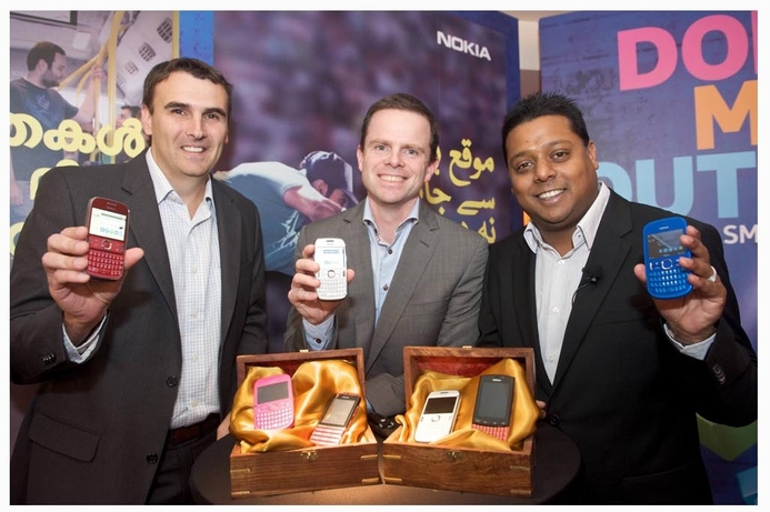 Calin Turcanu, head of mobile phones units, Nokia IMEA, Tom Farrell, VP Nokia Middle East and Vithesh Reddy, GM Nokia Lower Gulf at the launch of the Nokia Asha series. Nokia launches affordable Asha range