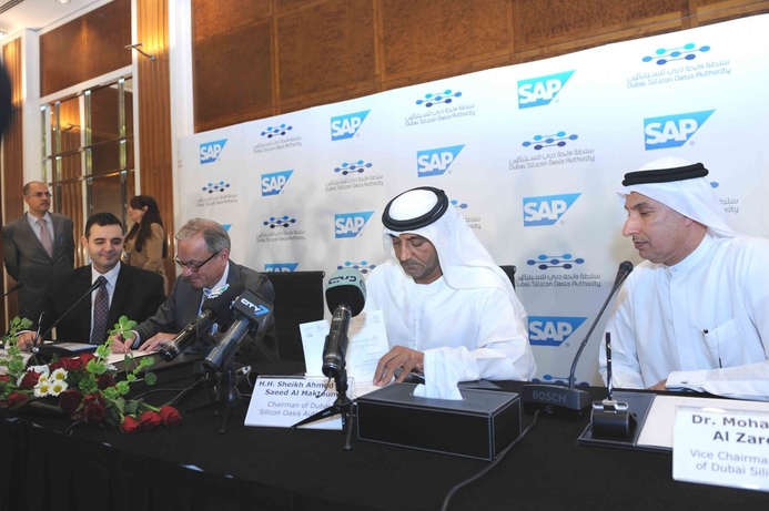 (l-r) Sam Alkharrat, SAP MENA Managing Director; Dr. Werner Brandt, Chief Financial Officer and Executive Board member, SAP; HH Sheikh Ahmed Bin Saeed Al Maktoum, Chairman, DSOA; and Dr. Mohammed Al Zarooni, Vice Chairman and Chief Executive Officer, DSOA. SAP to open training institute at Silicon Oasis