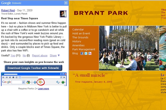 Screenshot shows Lonely Planet travel editor Robert Reid adding comments to NYC Bryant Park webpage. Google does a wiki on the side
