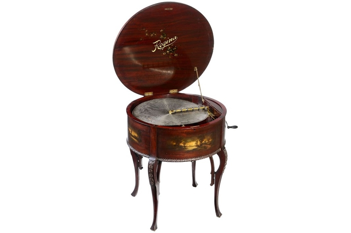 The 'drum table' Regina music box is estimated to be worth around $15,000 to $23,000. It was one of the alst models to be produced before this style was supplanted by the phonograph. Pioneering tech up for auction