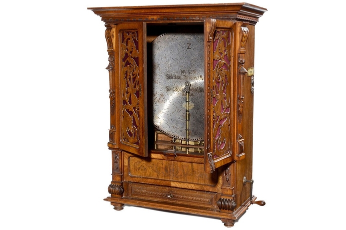 This 1900 Fortuna 'orchestrion' is not only a musical box, but also an organ, a triangle and a drum constituting early multi-channel playback in a single audio track through 26-inch steel discs. It is estimated to be worth between $20,000 and 32,000. Pioneering tech up for auction