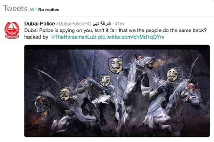 A tweet from The Horsemen on @DubaiPoliceHQ accused the emirate’s police service of 'spying'. Anonymous-affiliated group hijacks Dubai Police social accounts