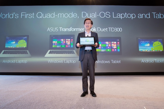 Asus Chairman, Jonney Shih with the Transformer Book Duet TD300 Pressure for Asus to cancel dual-boot tablet