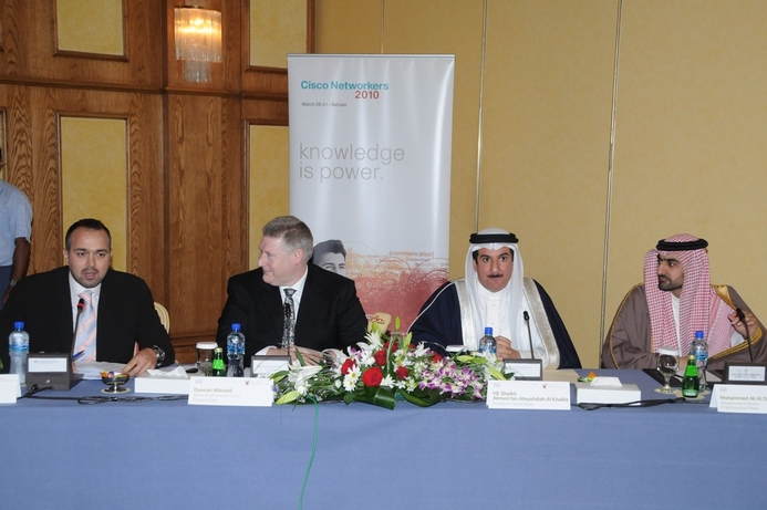 (l-r) Tarek Ghoul, general manager Cisco The Gulf; Duncan Mitchell - SVP Cisco Emerging East; HE Sheikh Ahmed bin Ateyatallah Al Khalifa, Minister of Cabinet Affairs, Kingdom of Bahrain and Mohammed Ali Al Qaed, eGovernment Authority, CEO. Cisco Networkers comes to Bahrain in 2010