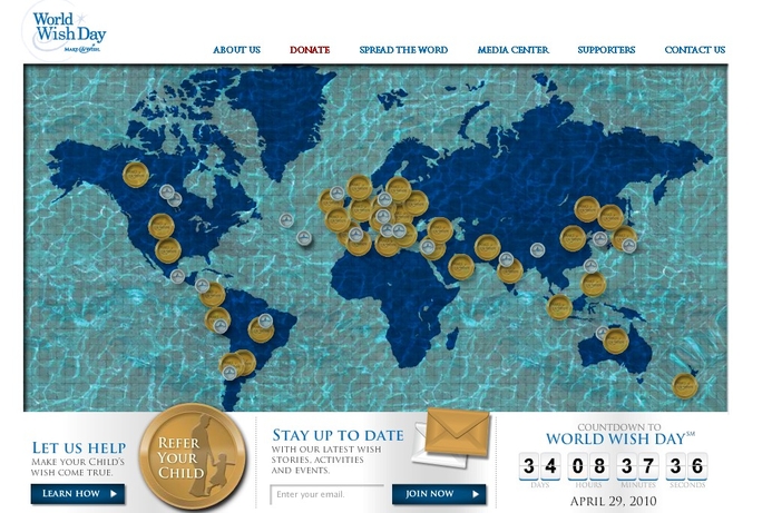 WorldWishDay.org screenshot of the virtual fountain filled with coins of wishes. World Wish Day being promoted online