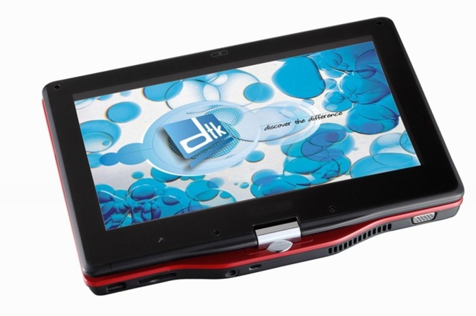 The 10-inch screen on the Swift i-touch can swivel 180 degrees and fold over to transform the device into a touch tablet. DTK netbook doubles as tablet PC