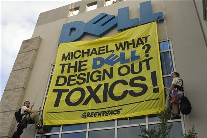Dell has also come under fire from Greenpeace in their new report, the Guide to Greener Electronics, as they have not yet produced toxin free products. Greenpeace activists unfurl a banner at Dell Computer's world headquarters. The message is for the computer company founder. Microsoft, Toshiba fail to impress Greenpeace
