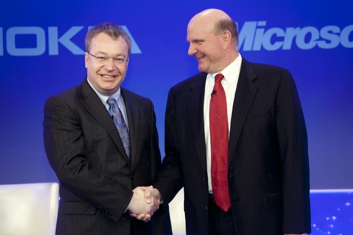 Former Microsoft CEO Steven Ballmer (who has since stepped down) with Stephen Elop, executive vice president, devices and services at Nokia, eight months ago when the first announcement was made. Nokia, Microsoft to close deal on Friday