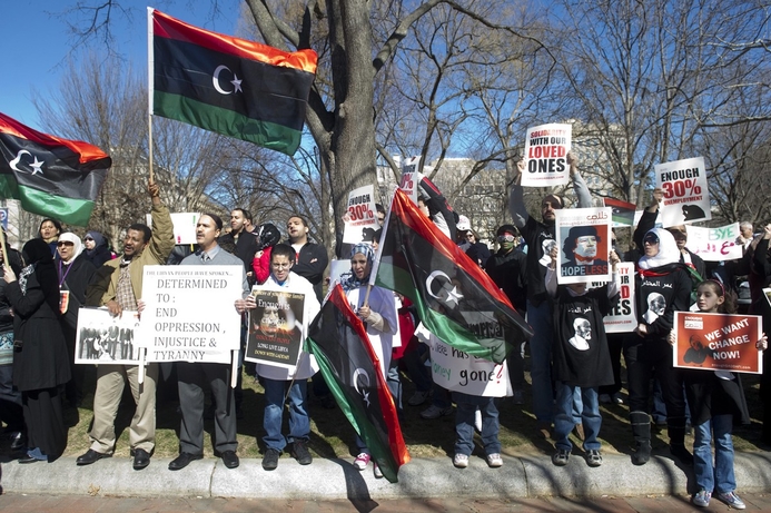 Anti-government protests in Libya have drawn support in many countries including the US (pictured) but the country has been cut off from the internet. Libya now cut off