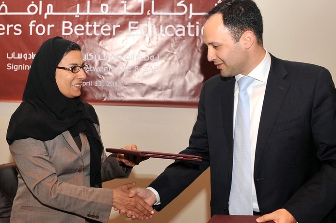 (l) Prof Sheikha Abdulla Al-Misnad, President, Qatar University with Gergi Abboud, Country Manager, SAP Qatar & Kuwait. Qatar University joins SAP University Alliance