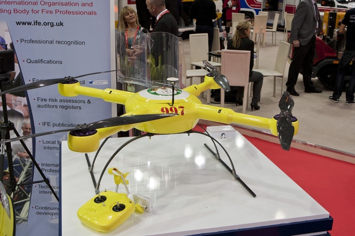 An aerial surveillance drone on display at the Dubai Civil Defence stand at Intersec 2014 in Dubai. The UAE government plans to use drones such as this for package delivery. UAE plans aerial delivery drones