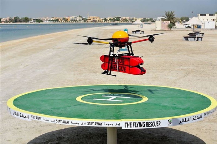 The Flying Rescuer drone can drop inflatables to rescue swimmers in trouble. Dubai Municipality launches drone to protect beach goers