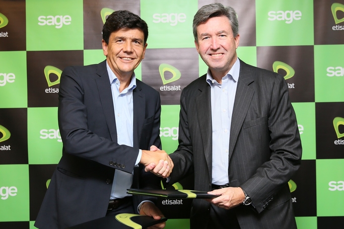 (l-r): Salvador Anglada of Etisalat and Blair Crump of Sage announce the agreement. Etisalat joins forces with Sage Middle East