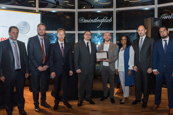 (l-r): Mehryar Entezari, SAP MENA; Julien Bertin, SAP UAE; Frank Forndron, SAP EMEA South; Farid El Chami, Mohammed Sleeq, and Jia Gay, of Aramex; Gergi Abboud, SAP Middle East South; Nayyar Ahmed Syed, SAP MENA. SAP presents Quality Awards to leading customers