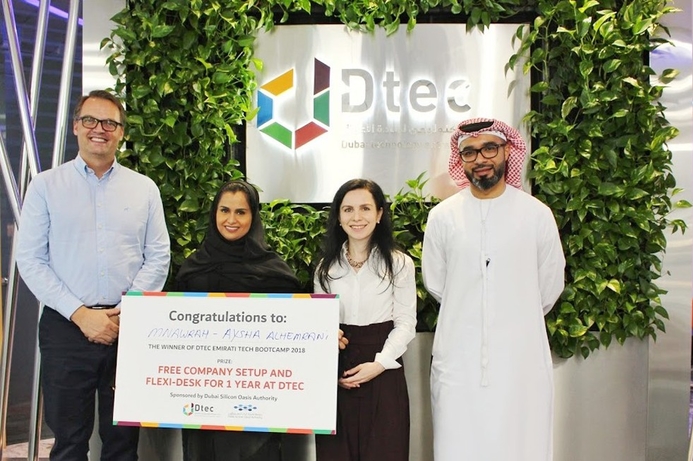 The winner of the contest, Aysha Al Hemrani, for her‘Mnawrah’ e-card business, won free company setup and desk space at DTEC. Dubai Silicon Oasis holds Emirati Tech Boot Camp