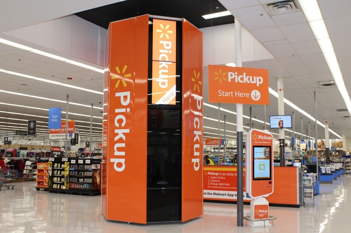 The Pickup Tower is a robotic sorting and dispenser for customer's online shopping orders. Walmart plans to add over 4,000 robot workers