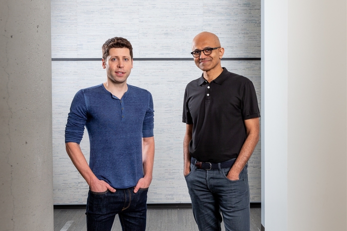 Sam Altman, CEO of OpenAI (left), and Microsoft CEO Satya Nadella. OpenAI partners with Microsoft to build new Azure AI supercomputing technologies